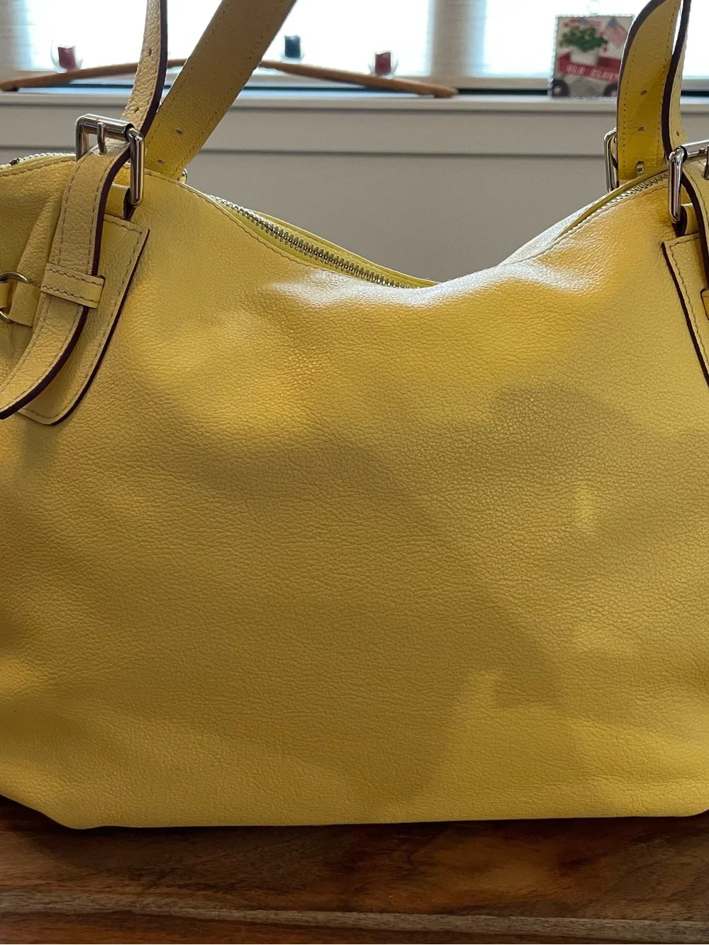 Dooney & Bourke Yellow Leather Satchel with Front Zip Pocket